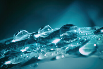 Water droplets on leaf in nature, macro. Many drops of morning dew sparkle in sunlight, toning in blue coror.