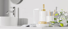 Close Up Bath Accessories Mockup With Shampoo Bottle Basin In Modern Bathroom White Minimalist Interior