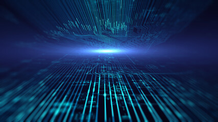 Fototapete - Abstract printed circuit board futuristic server/3d illustration. The abstract mother server is processing the data.   Blue technology background with bokeh.