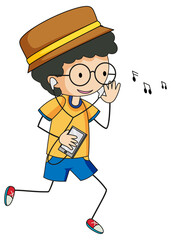 Sticker - Cute boy listening music doodle cartoon character isolated