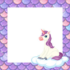 Wall Mural - Blank pastel purple fish scales frame template with cute unicorn sitting on the cloud