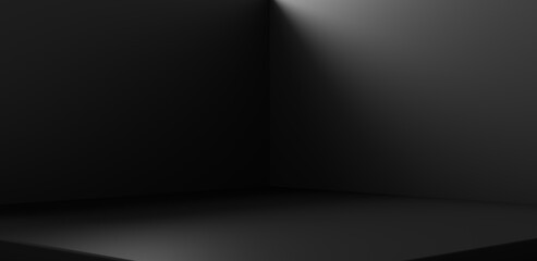 Leinwandbilder - Black corner room background and empty interior dark wall on abstract  blank floor space indoor backdrop wallpaper with showroom of product template or podium pedestal scene studio. 3D rendering.