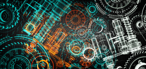 Blueprint project of engine design with gears