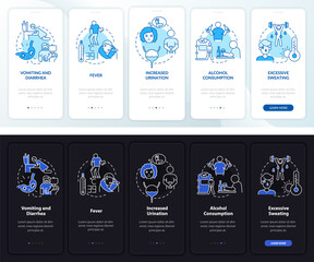 Wall Mural - Dehydration causes light, dark onboarding mobile app page screen. Walkthrough 5 steps graphic instructions with concepts. UI, UX, GUI vector template with linear night and day mode illustrations