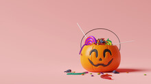 Halloween Pumpkin Bucket With Many Candy And Gummy Worm On Pastel Pink Background. 3d Rendering 
