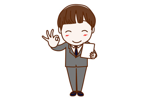 ＜全身・正面＞書類が完成してバッチリの手をする男子学生