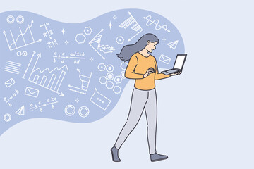 Higher education and studying online concept. Young smiling female student standing learning mathematics online on laptop screen vector illustration 