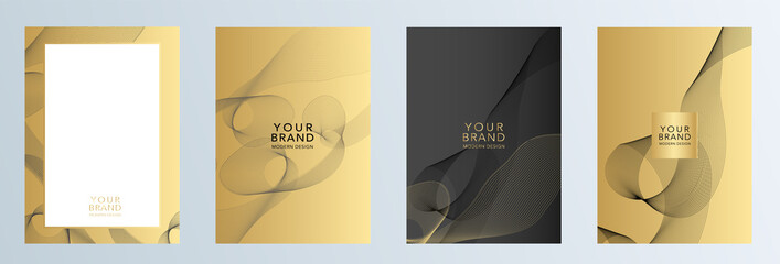 Poster - Abstract geometric modern cover design set. Elegant design for business, wedding card, luxury menu template, holiday flyer. The pattern of black and gold wavy lines on golden vector background.