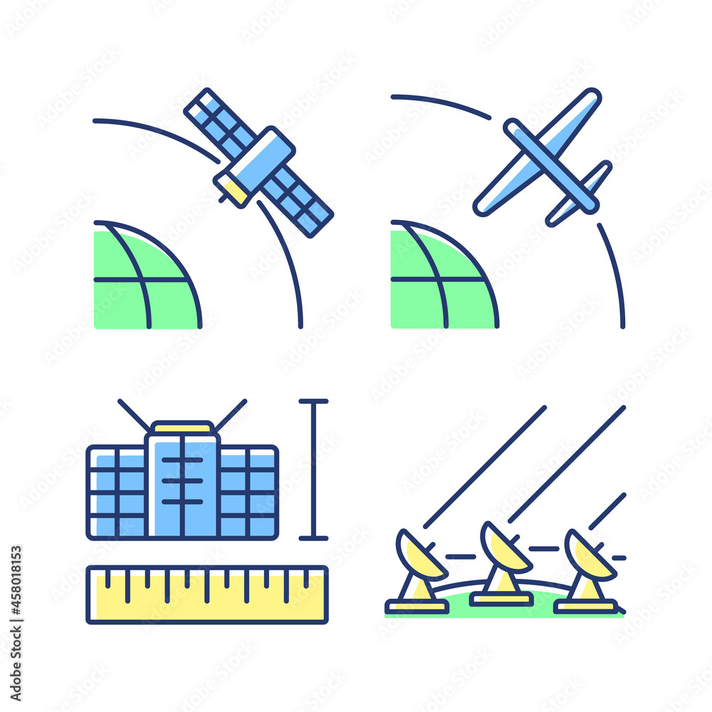 Satellite technologies green, blue RGB color icons set. Ground Satellite system. Geostationary, drone, nano satelites. Isolated vector illustrations. Simple filled line drawings collection
