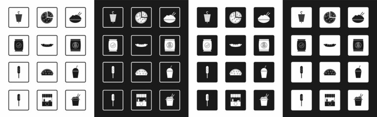 Set Rice in a bowl with chopstick, Hotdog sandwich, Bag or packet potato chips, Grilled shish kebab, Hard bread chucks crackers, Pizza, Milkshake and Corn icon. Vector