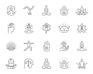 Set of meditation and yoga related line icons. Graphic design elements and logo templates for studios. Editable stroke. 