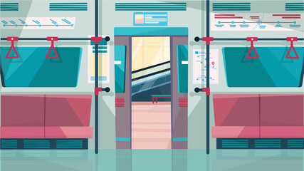 Wall Mural - Subway car interior with open door concept in flat cartoon design. Metro salon with seats and handrails for passengers. Modern public urban transport. Vector illustration horizontal background