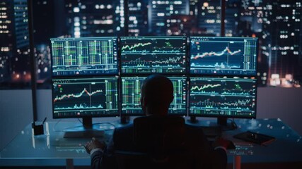 Poster - Stock Market Broker Working on a Computer with Multi-Monitor Workstation with Real-Time Investment, Commodities and Foreign Exchange Charts. Businessman Works on Analysing Data in Office at Night.