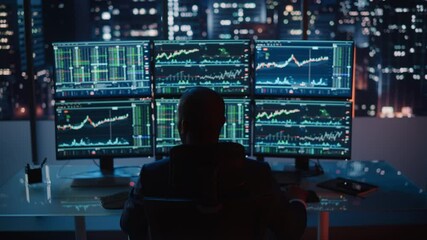 Poster - Hedge Fund Trader Working on a Computer with Multi-Monitor Workstation with Real-Time Stocks, Commodities and Exchange Market Charts. Businessman Works in Investment Bank Downtown Office at Night.