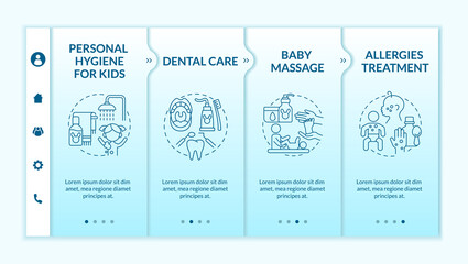 Wall Mural - Baby care blue gradient onboarding vector template. Responsive mobile website with icons. Web page walkthrough 4 step screens. Child physical health color concept with linear illustrations