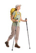 © New Africa - Female hiker with backpack and trekking poles on white background