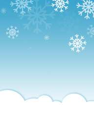 Illustration of white snow on a blue background with white clouds - vertical format 4 to 5 - winter festive background for congratulation or poster