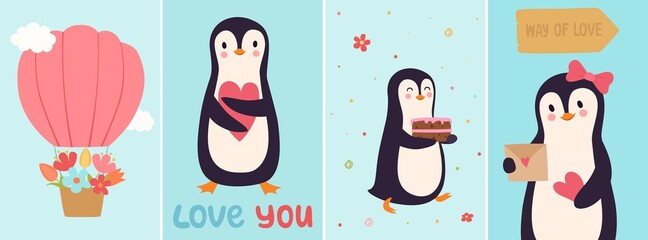 Wall Mural - Penguin cards. Cute cartoon penguins in love, birthday celebration banners. Hot air balloon in clouds, animals vector poster