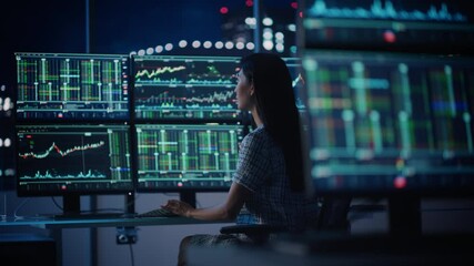 Poster - Financial Analyst Working on a Computer with Multi-Monitor Workstation with Real-Time Stocks, Commodities and Exchange Market Charts. Businesswoman at Work in Investment Broker Agency Office at Night.