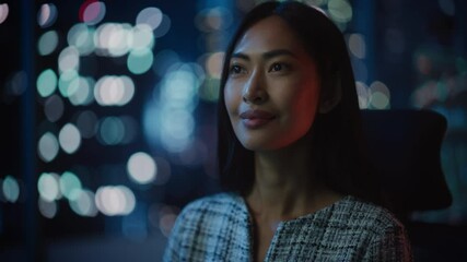 Poster - Beautiful Asian Female Portrait Working on Desktop Computer in Dark Modern Office. Businesswoman Works at Home Late in the Evening. Adult Woman Using Social Media, Typing Email, Chatting with Friends.