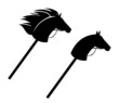 hobby horse with bridle and flying mane - traditional toy made of stallion head and stick black and white vector silhouette set