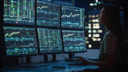 Poster - Portrait of a Financial Analyst Working on Computer with Multi-Monitor Workstation with Real-Time Stocks, Commodities and Exchange Market Charts. Businesswoman at Work in Investment Broker Agency.