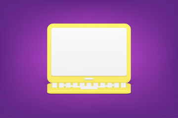 Poster - Yellow minimalistic laptop 3d icon. Volumetric digital gadget on purple background