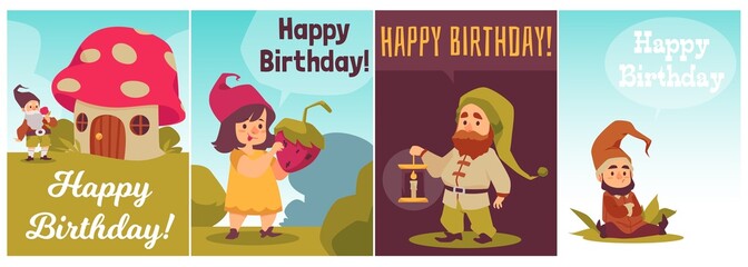 Wall Mural - Birthday cards set with childish gnomes or dwarfs, flat vector illustration.