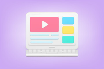 Poster - Website with video content 3d icon. Modern laptop for viewing and creating blogs