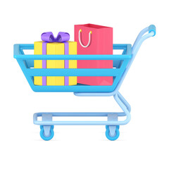 Poster - Volumetric shopping cart with purchases 3d icon. Blue trolley with gold gift and paper red bag