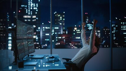 Poster - Stock Market Day Trader Working on Computer with Multi-Monitor Workstation with Real-Time Investment, Commodities and Foreign Exchange Charts. Successful Businessman Punches Air for Winning a Trade.