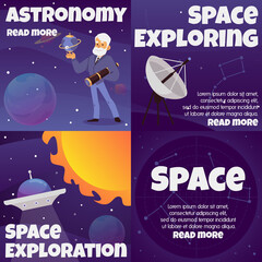 Wall Mural - Outer space exploring banners set with astronomer, flat vector illustration.