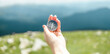 Traveler holding compass in hand for discover direction on the background of hills and the sky with clouds. Vacation and travel. Carpathians, Ukraine