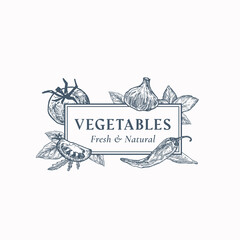 Wall Mural - local vegetables abstract vector sign, badge or logo template. tomato, garlic, peppers and basil lea