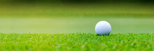 Golf Ball On The Green With Blurred Background. Copy Space