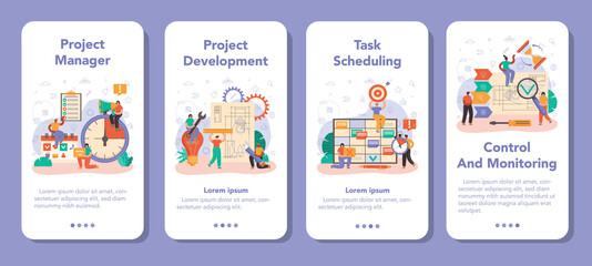 Poster - project manager mobile application banner set. successful business