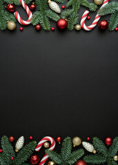 Wall Mural - frame of christmas tree ornaments on a black background