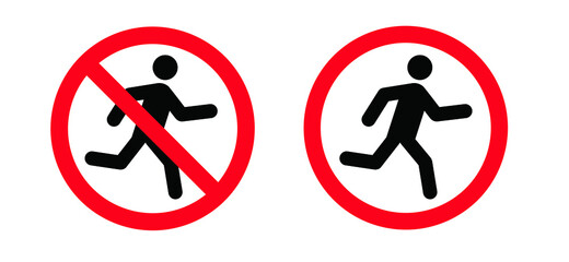 Stop do not run, jump zone pictogram. Forbidden running or jumping icon.
Forbid fast walking area. Stop halt allowed, no ban signboard. Flat vector hurry symbol. Walk slowly. no entrance sign.