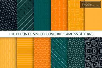 Collection of seamless geometric minimalistic patterns. Simple dotted and striped textures - endless backgrounds. Color textile repeatable prints. You can find seamless design in swatches panel