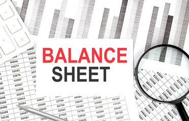 Poster - BALANCE SHEET text on paper with calculator,magnifier ,pen on the graph background
