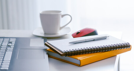 Poster - Laptop, notebook and coffee on white table
