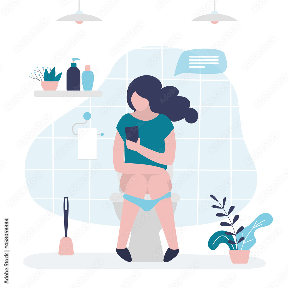 писинг Girl pissing or pooping in toilet. Woman chatting with friends in lavatory.  Female character surfing social networks while sitting on toilet bowl の  Stock ベクター | Adobe Stock