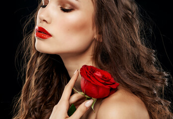 Wall Mural - pretty brunette naked shoulders red rose bright makeup passion