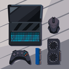 Poster - laptop with gadgets icon set