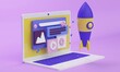 Laptop with a website on the screen and a space rocket on a lilac background. Startup concept. 3d rendering