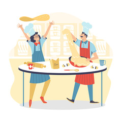 Wall Mural - Italian chefs with pizza dough in kitchen, flat vector illustration isolated.