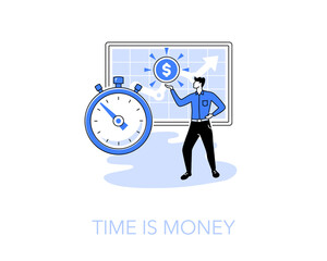 Poster - Illustration of time is money symbol with a stopwatch and manager holding a dollar coin. Easy to use for your website or presentation.