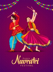 Garba Night poster for Navratri Dussehra festival of India. vector illustration of girls playing Dandiya dance.