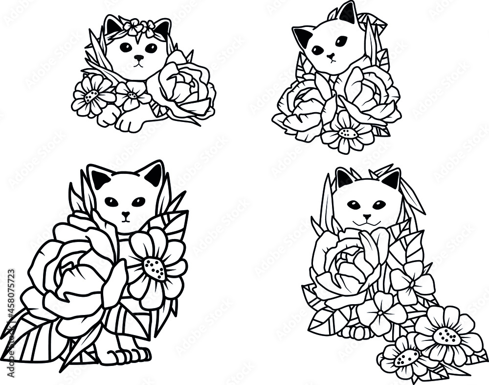 Vector doodle coloring book page of cute cat in flowers. Antistress for ...