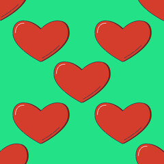 Line art seamless pattern in the form of a red heart on gree background. Romance graphic texture. Holiday celebration concept. Decorative print. Geometric bright wallpaper. Black contour line